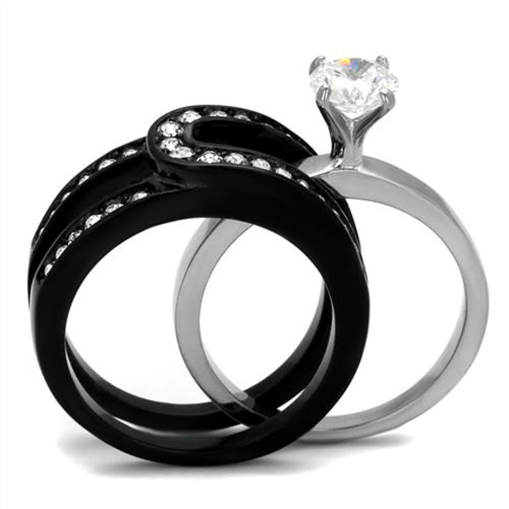 ARTK2303 Stainless Steel Silver & Black Women's AAA CZ Wedding Ring Band Set Size 5-10